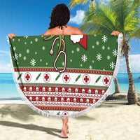 Round nurse-themed Christmas beach blanket, green patterned border and white fringe