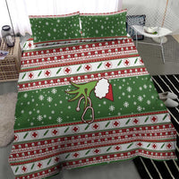 Green duvet cover bedding set with snowflake pattern, red cross icons, and striped borders