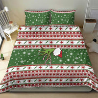 Green holiday bedding set featuring snowflakes, red cross icons, and central holiday graphic