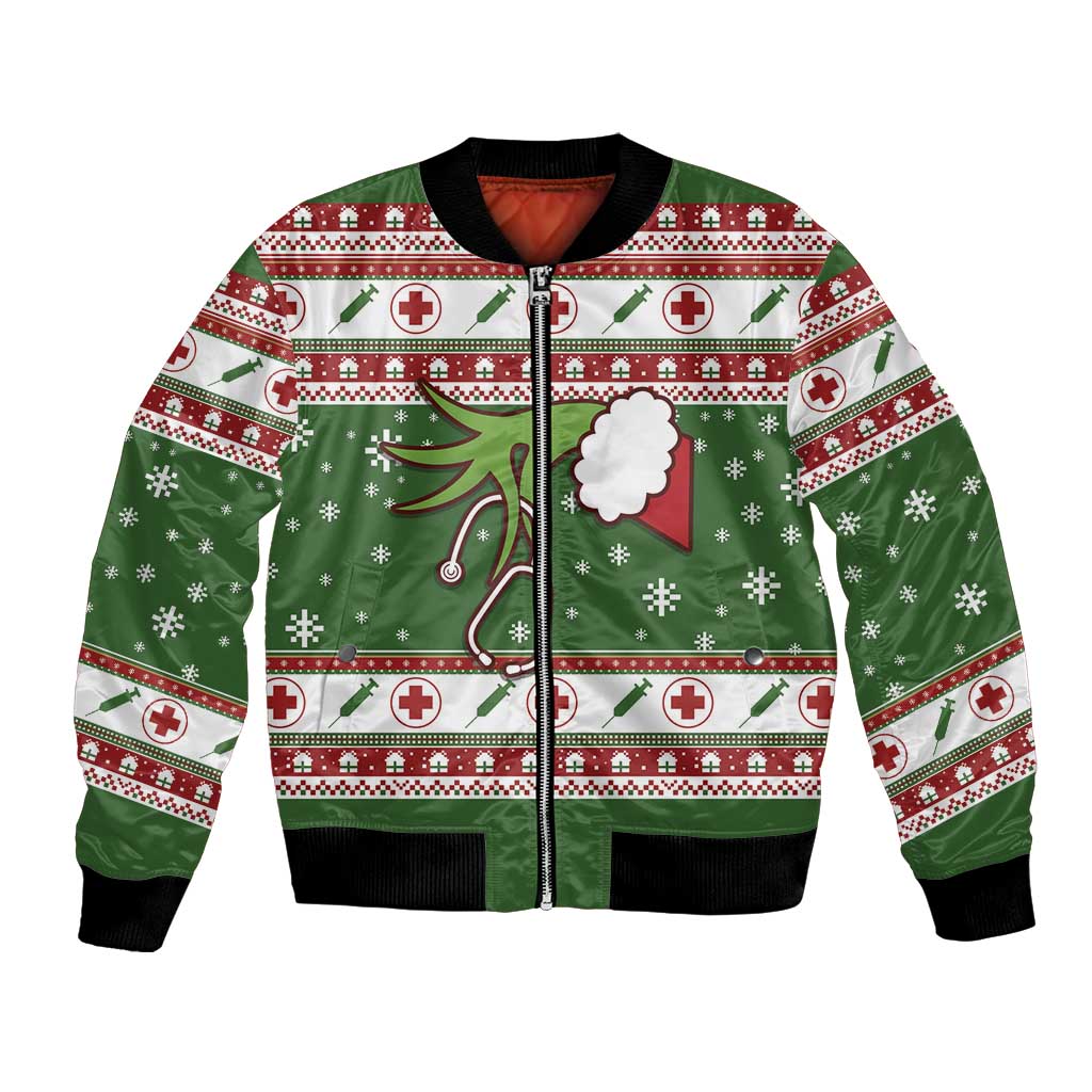Unisex green bomber jacket with holiday nurse-themed front, full zip, ribbed cuffs.