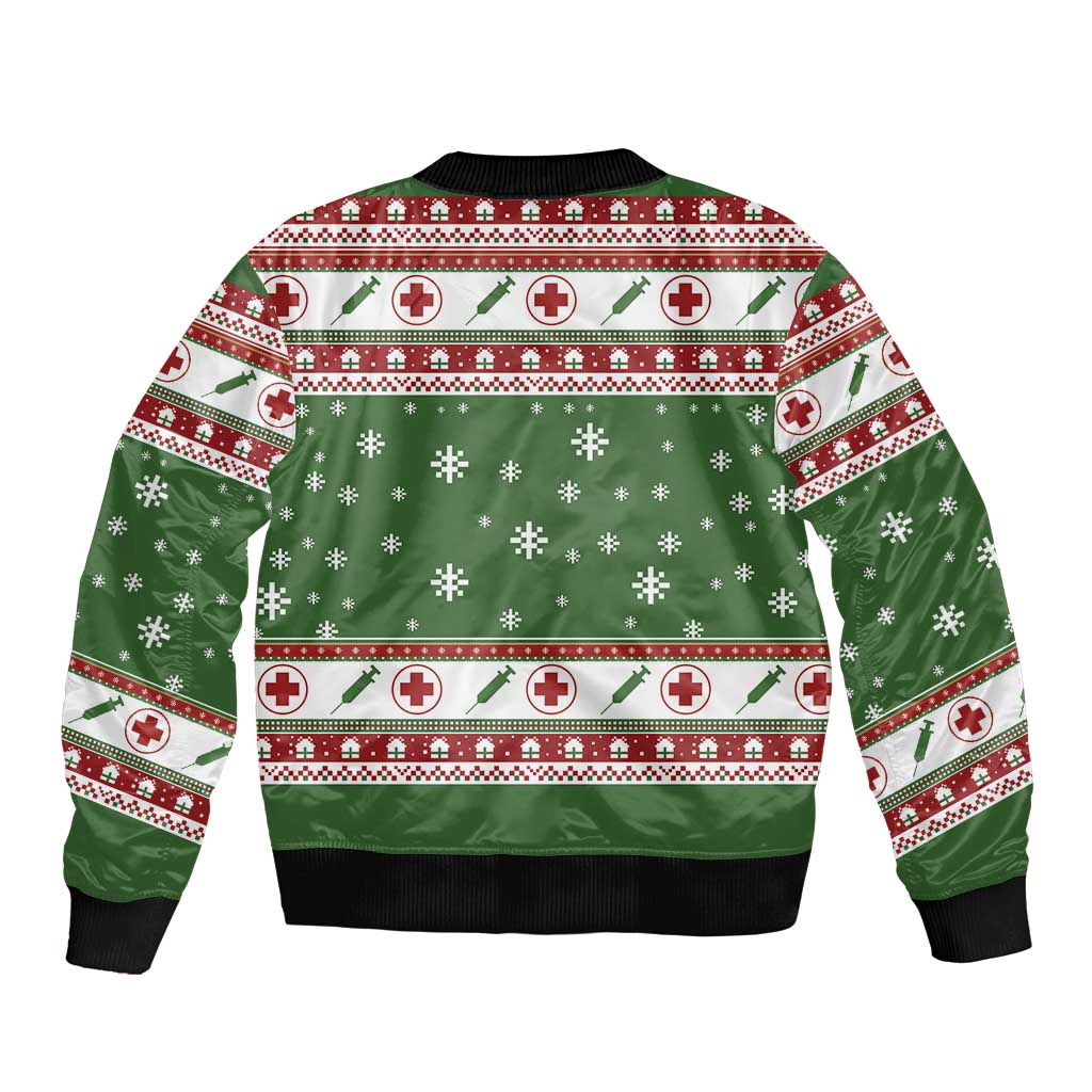 Unisex green bomber jacket with holiday nurse-themed back print, ribbed hem and cuffs.