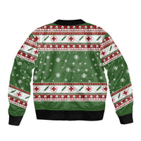 Unisex green bomber jacket with holiday nurse-themed back print, ribbed hem and cuffs.