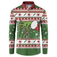 Green nurse-themed Christmas button sweatshirt with red collar and festive medical pattern