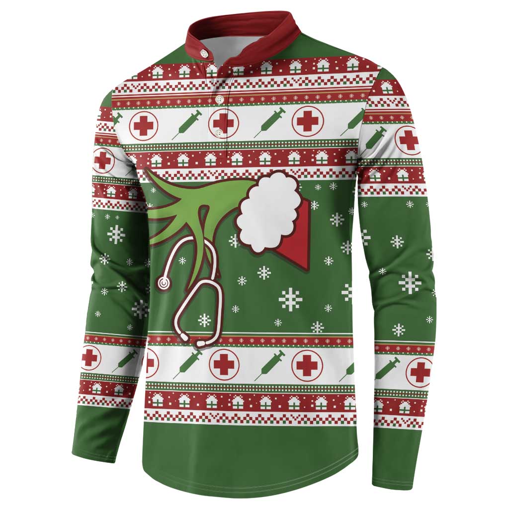 Green nurse-themed Christmas henley sweatshirt, red collar, medical icons and snowflake trim