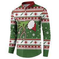 Green nurse-themed Christmas henley sweatshirt, red collar, medical icons and snowflake trim