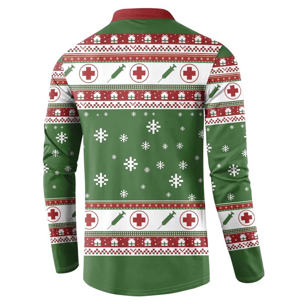 Green nurse-themed Christmas sweatshirt back, white/red stripe bands with medical icons