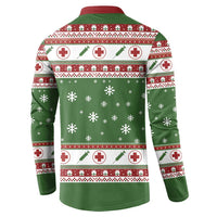 Green nurse-themed Christmas sweatshirt back, white/red stripe bands with medical icons