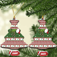 Green ceramic nurse bell Christmas ornament with holiday stripes, nurse cap and stethoscope; front/back tags