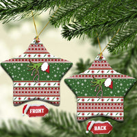 Star and bell-shaped green ceramic nurse Christmas ornaments with red-and-white stripes and gold loops