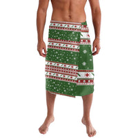 Green holiday print sarong skirt with red-and-white stripes, snowflakes, and icons