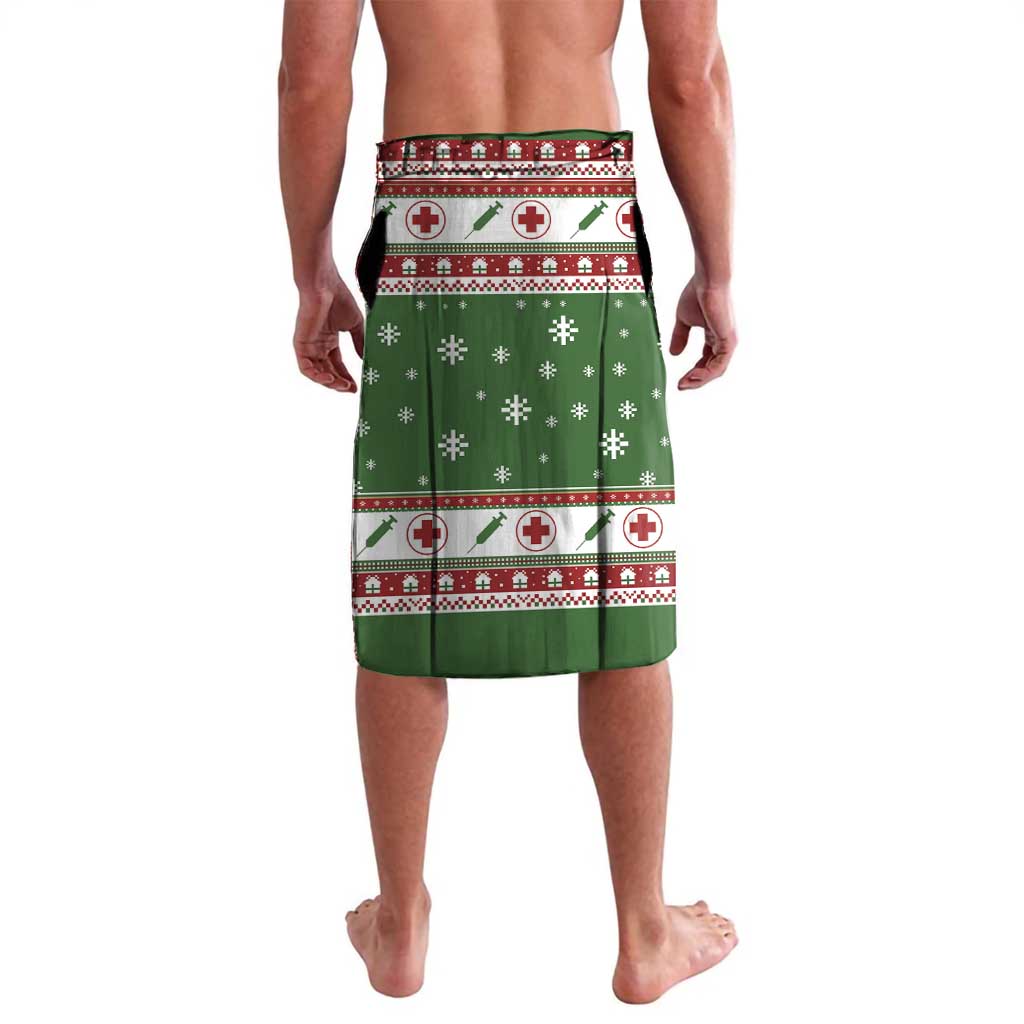 Green holiday sarong skirt with horizontal patterned bands and snowflake motifs