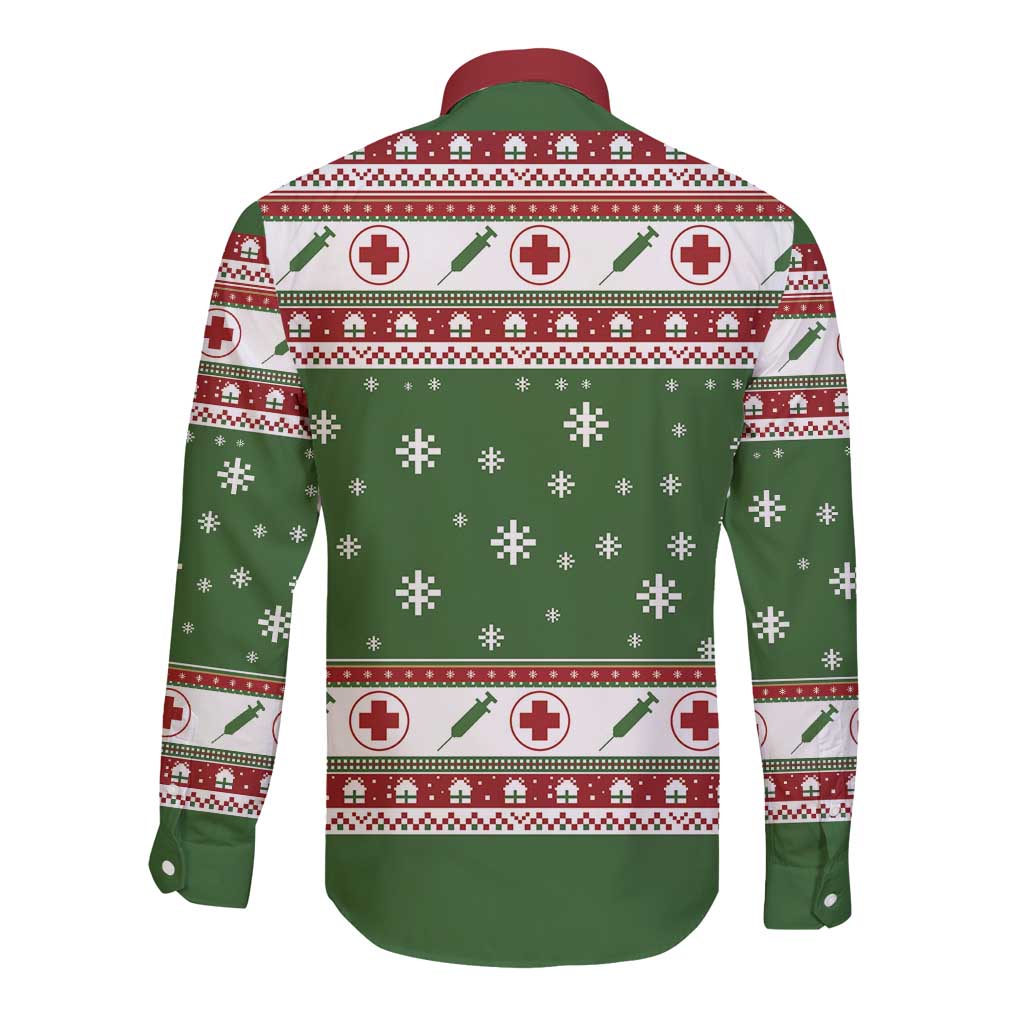 Green long-sleeve button shirt with Christmas medical print, back view