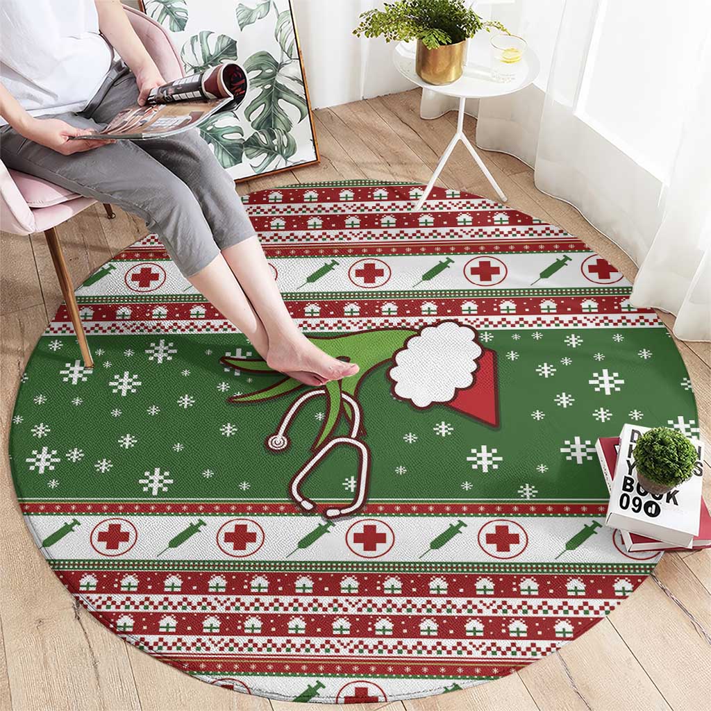 Round holiday rug, green center with red-and-white border and plus medical motifs