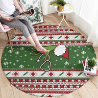 Round holiday rug, green center with red-and-white border and plus medical motifs