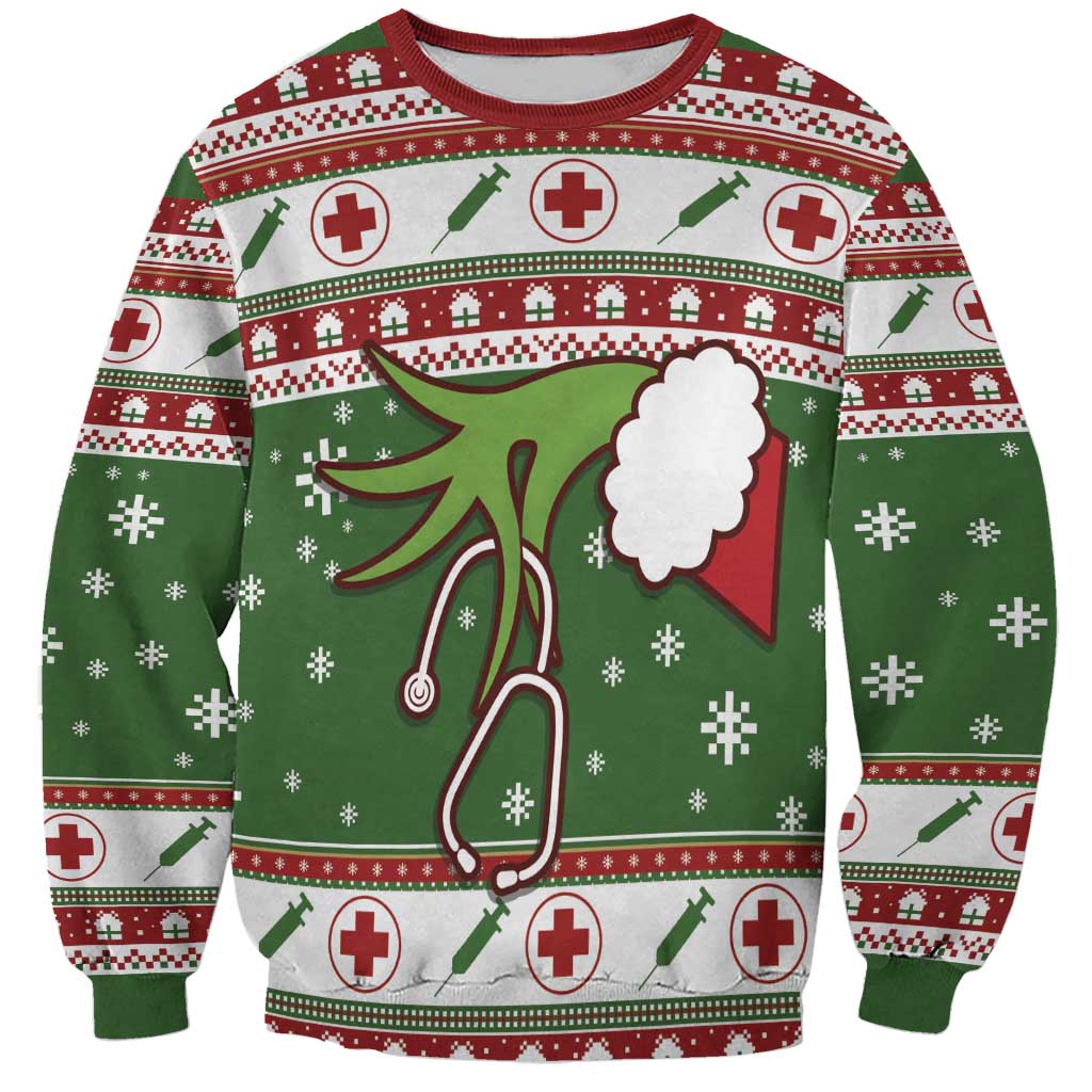 Unisex green holiday nurse sweatshirt with cartoon medical cross and heart graphic