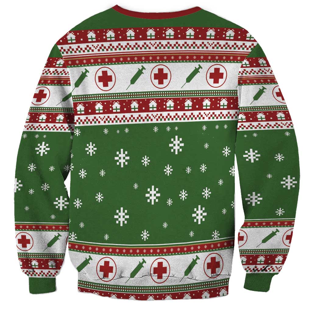 Unisex green holiday nurse sweatshirt with repeating medical cross and stripe pattern
