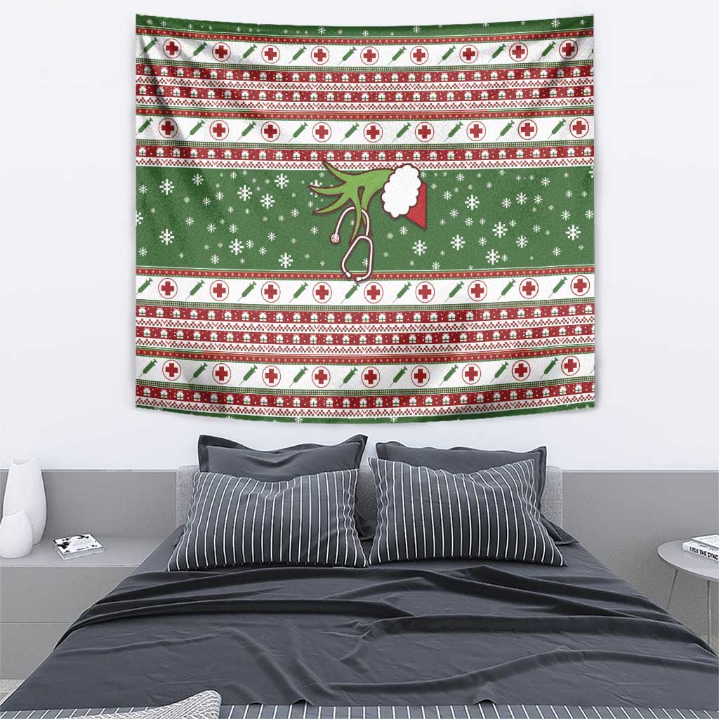 Green Christmas nurse-themed tapestry hanging above a bed with red-and-white patterned trim