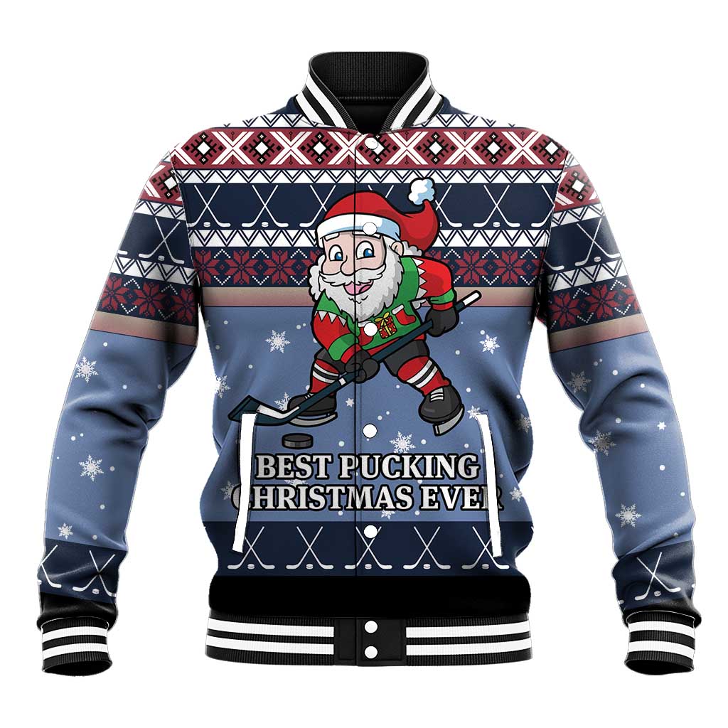 Blue varsity baseball jacket with Santa graphic, holiday slogan, striped cuffs