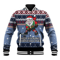 Blue varsity baseball jacket with Santa graphic, holiday slogan, striped cuffs