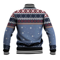 Blue back view of varsity baseball jacket with winter snowflake pattern and stripes