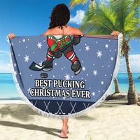 Blue round beach blanket with fringe, Santa hockey design with bold slogan text