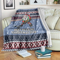 Blue Christmas hockey blanket with Santa skating and “BEST PUCKING CHRISTMAS EVER” text