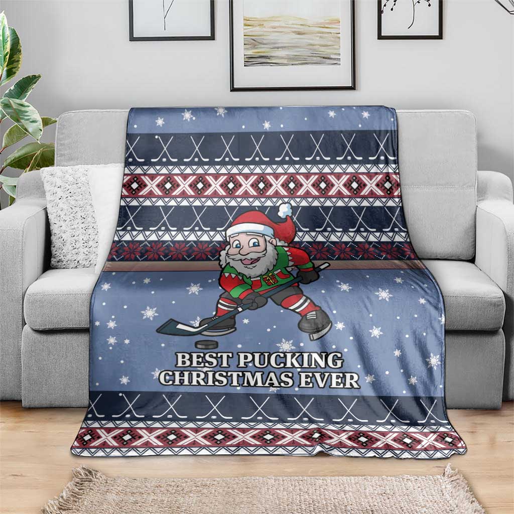 Blue Christmas hockey blanket with Santa on skates, patterned trim, and “BEST PUCKING CHRISTMAS EVER”