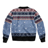 Unisex blue Christmas bomber jacket, back view with festive snowflake pattern, ribbed hem