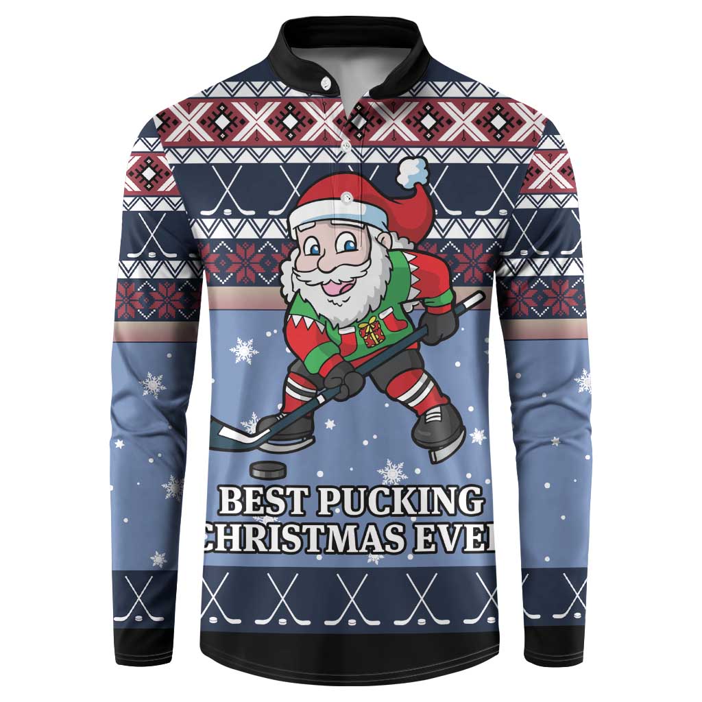 Blue Christmas hockey sweatshirt with Santa graphic, button-up collar, winter print