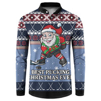 Blue Christmas hockey sweatshirt with Santa graphic, button-up collar, winter print
