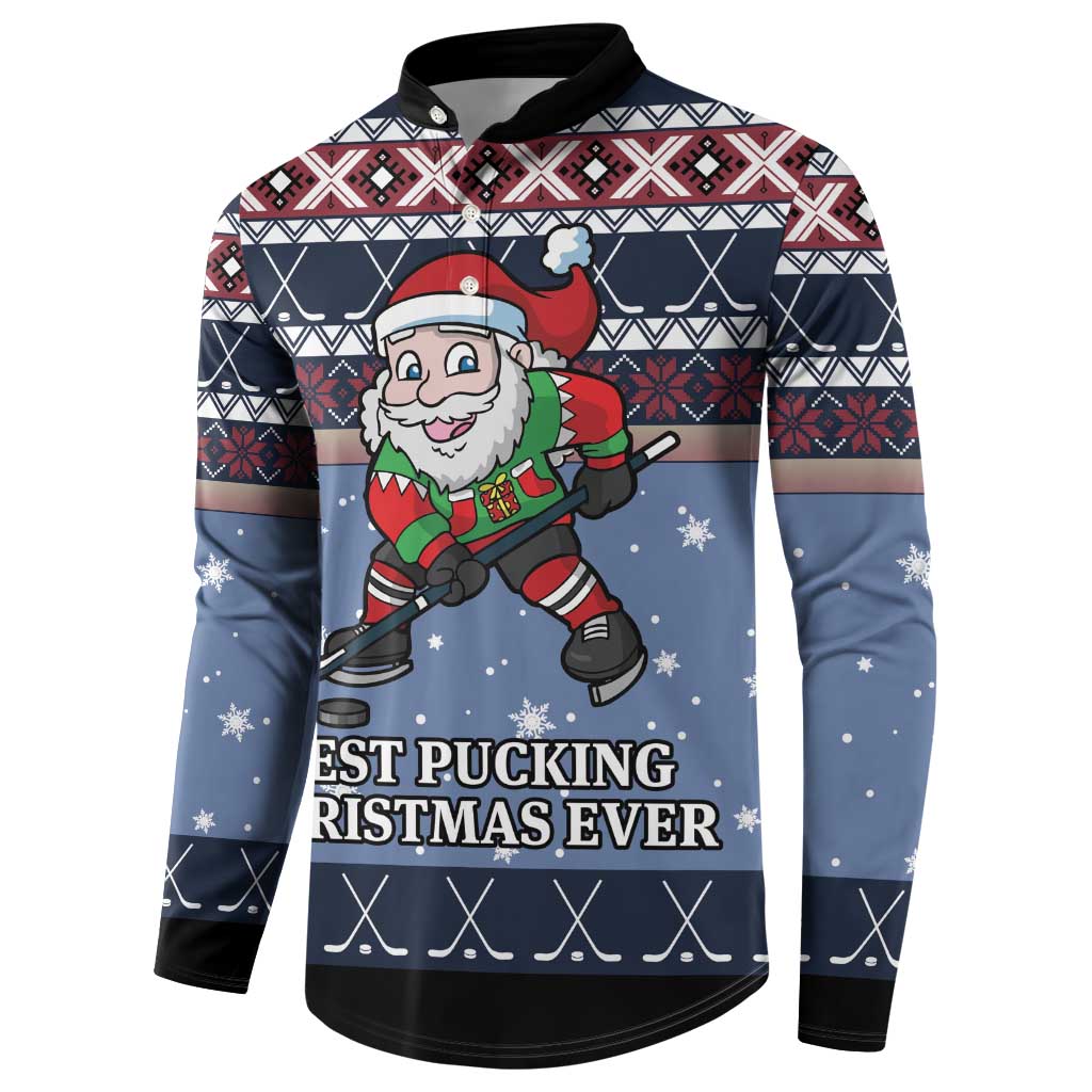 Blue Christmas hockey sweatshirt with Santa hockey graphic and winter text, button collar