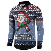 Blue Christmas hockey sweatshirt with Santa hockey graphic and winter text, button collar
