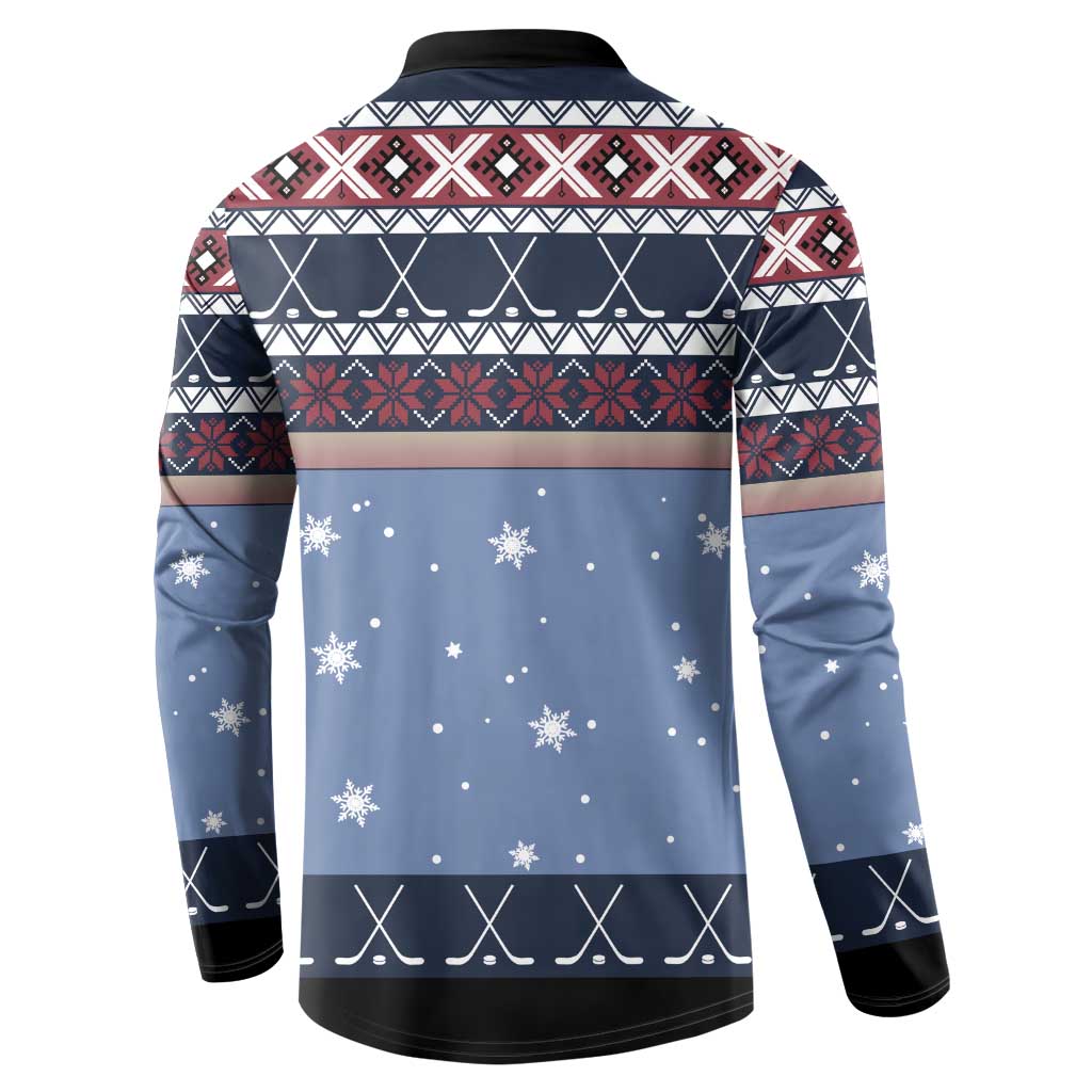 Blue Christmas hockey sweatshirt back with geometric yoke, snowflake dots, button collar