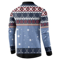 Blue Christmas hockey sweatshirt back with geometric yoke, snowflake dots, button collar