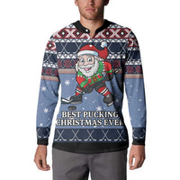 Blue Christmas hockey sweatshirt with Santa graphic and winter text, button-up collar