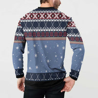Blue Christmas hockey sweatshirt back view with snowflakes and geometric trim, button collar