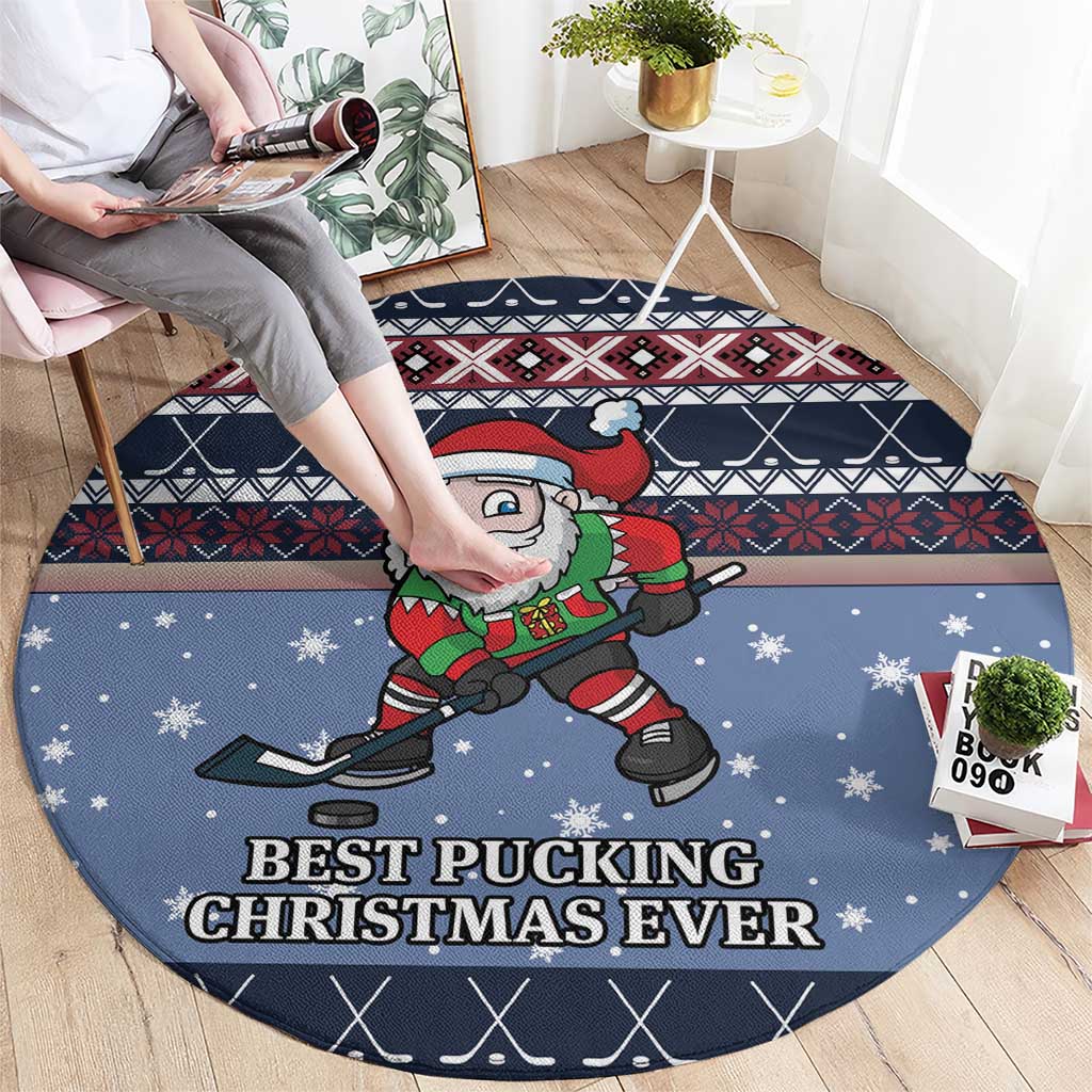 Blue round Santa hockey carpet with Santa figure and 'Best Pucking Christmas Ever' lettering