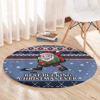 Blue round hockey Christmas carpet with Santa graphic and 'Best Pucking Christmas Ever' center