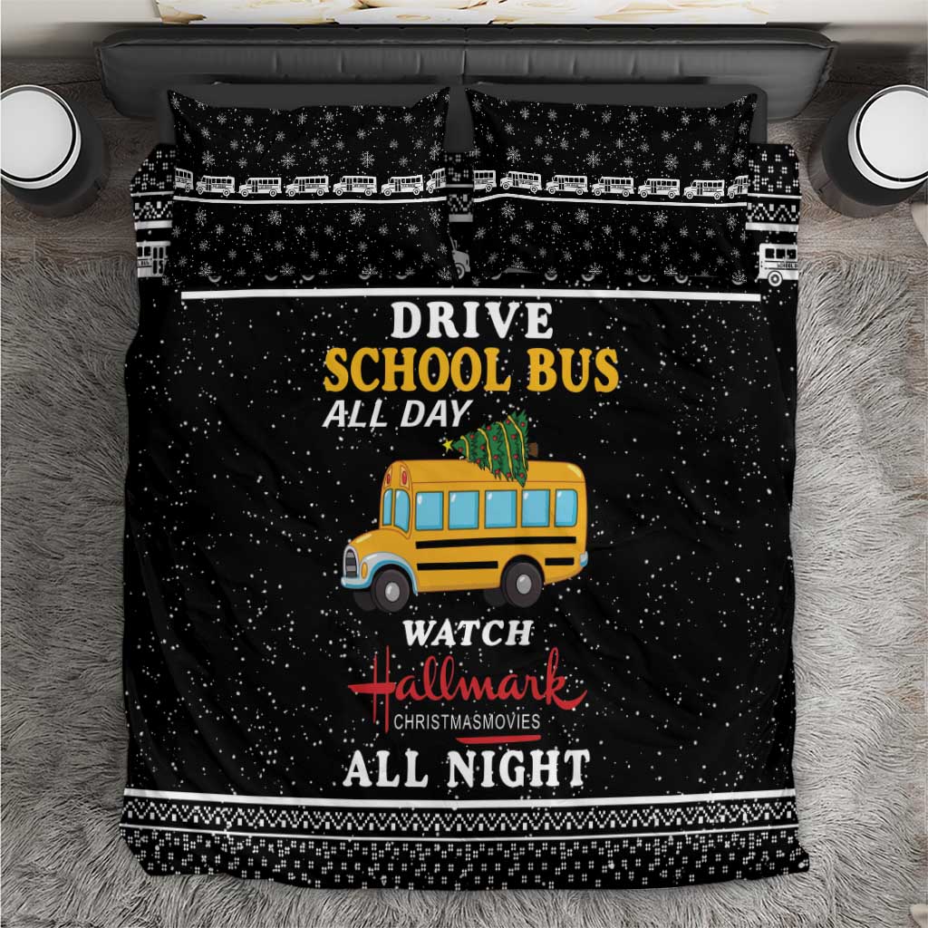 Black bedding set with school bus graphic and “Drive School Bus All Day” text, two pillowcases