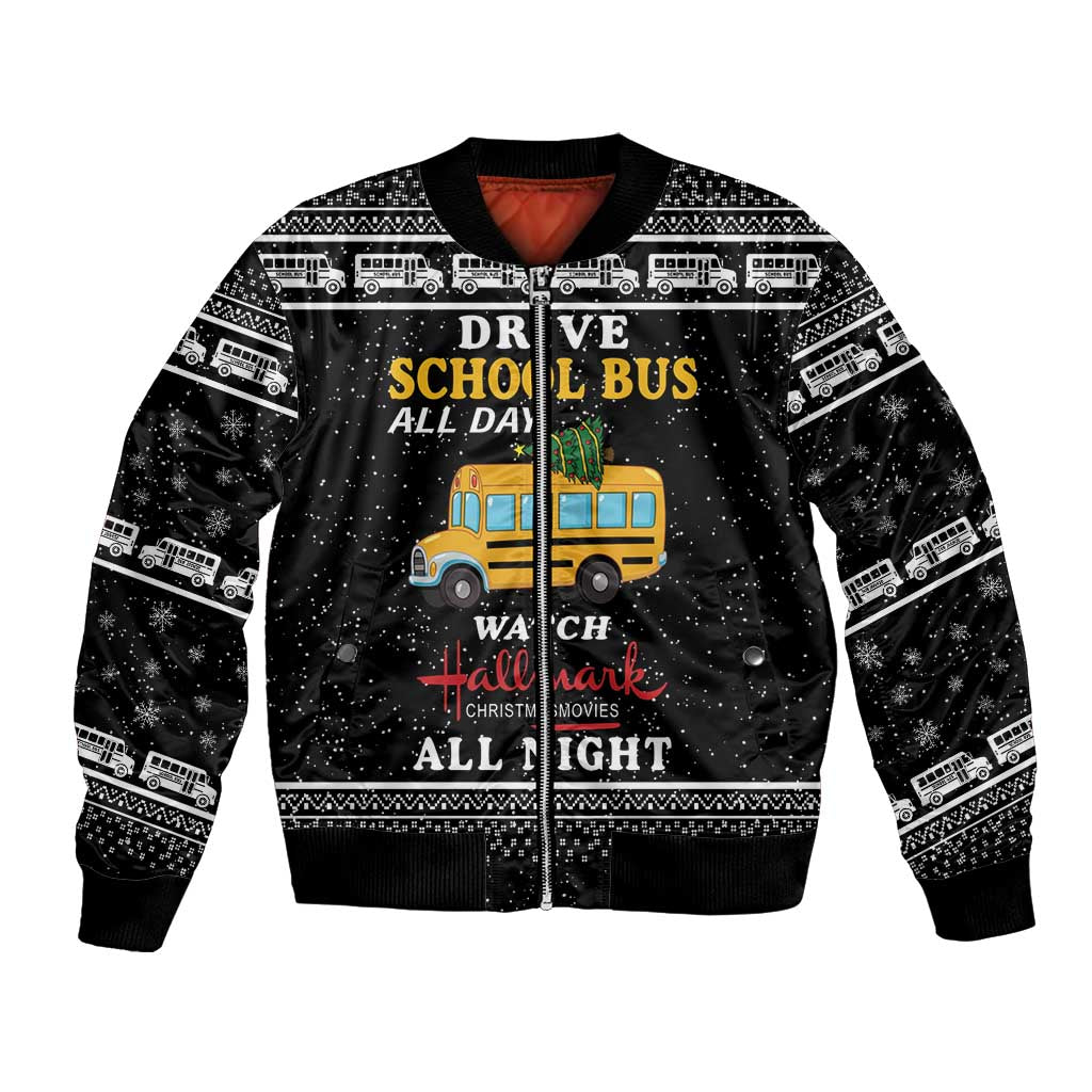 Black unisex bomber jacket with colorful school bus graphic and holiday text