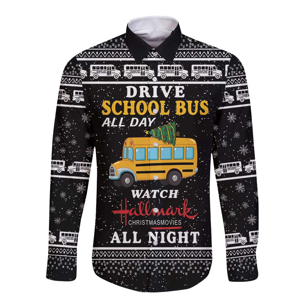Black long-sleeve button shirt with front school bus graphic and festive text print
