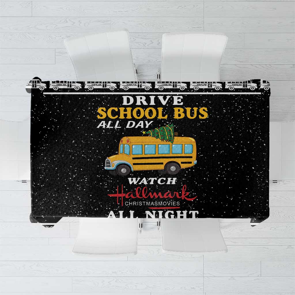 Black Christmas tablecloth with school bus graphic and watch text design