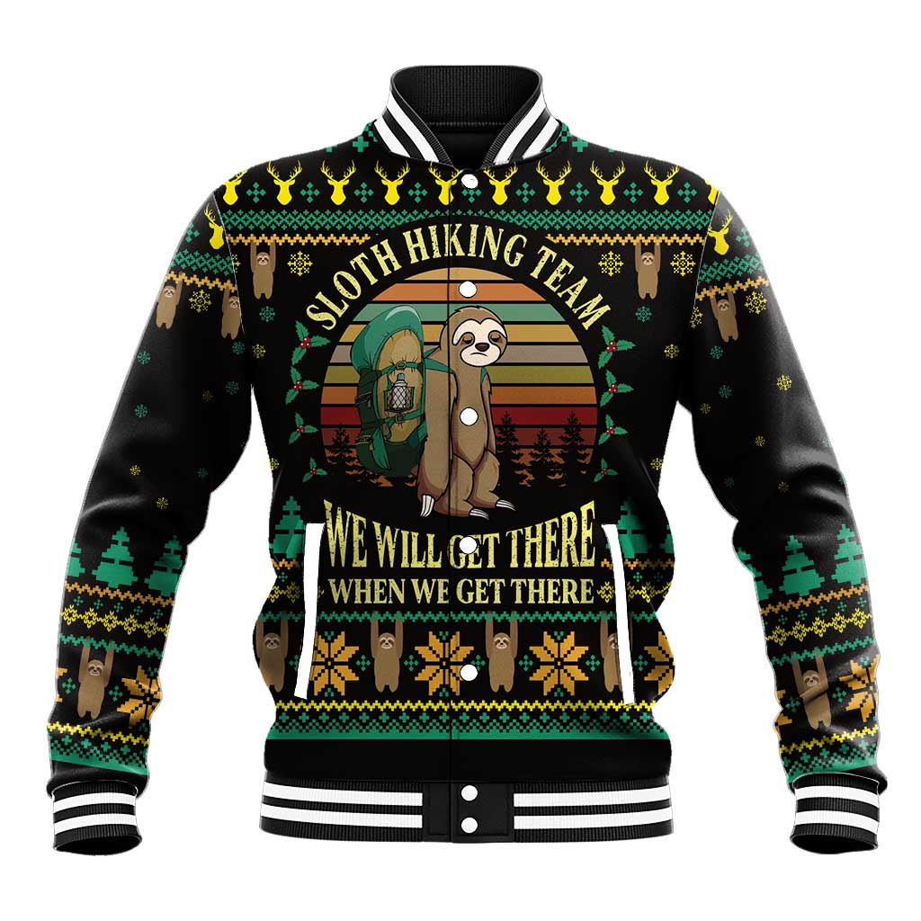 Black sloth holiday baseball jacket, front graphic, ribbed varsity collar and cuffs