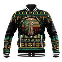 Black sloth holiday baseball jacket, front graphic, ribbed varsity collar and cuffs