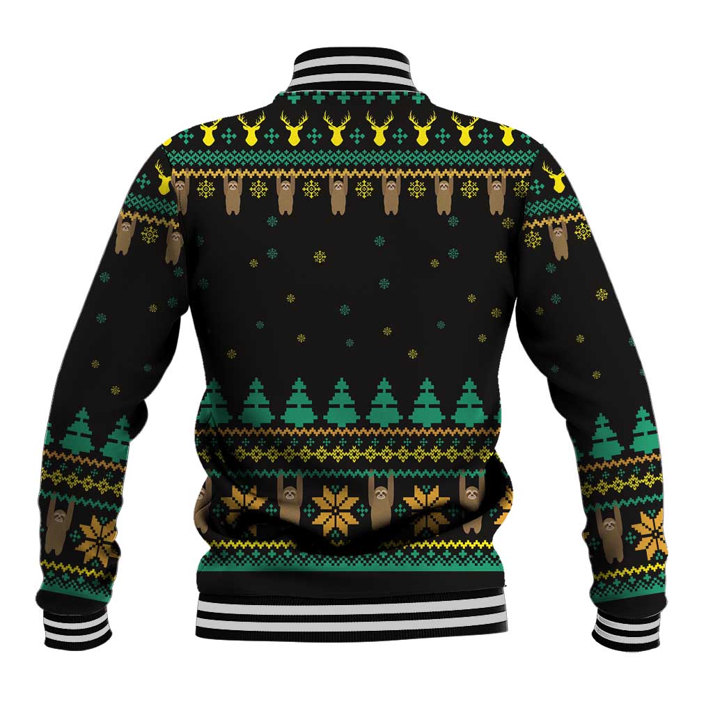 Black sloth holiday baseball jacket, back graphic with trees, striped cuffs and hem