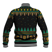 Black sloth holiday baseball jacket, back graphic with trees, striped cuffs and hem