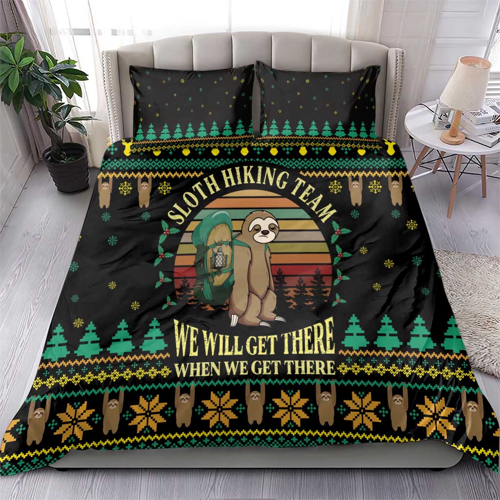 Black duvet and two pillows with sloth hiking holiday pattern in green and yellow