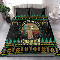 Black duvet and two pillows with sloth hiking holiday pattern in green and yellow