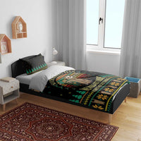 Black duvet and pillow set with sloth hiking holiday scene and green/yellow pattern