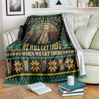 Black sloth hiking team blanket with green trees, yellow snowflakes, and banner text